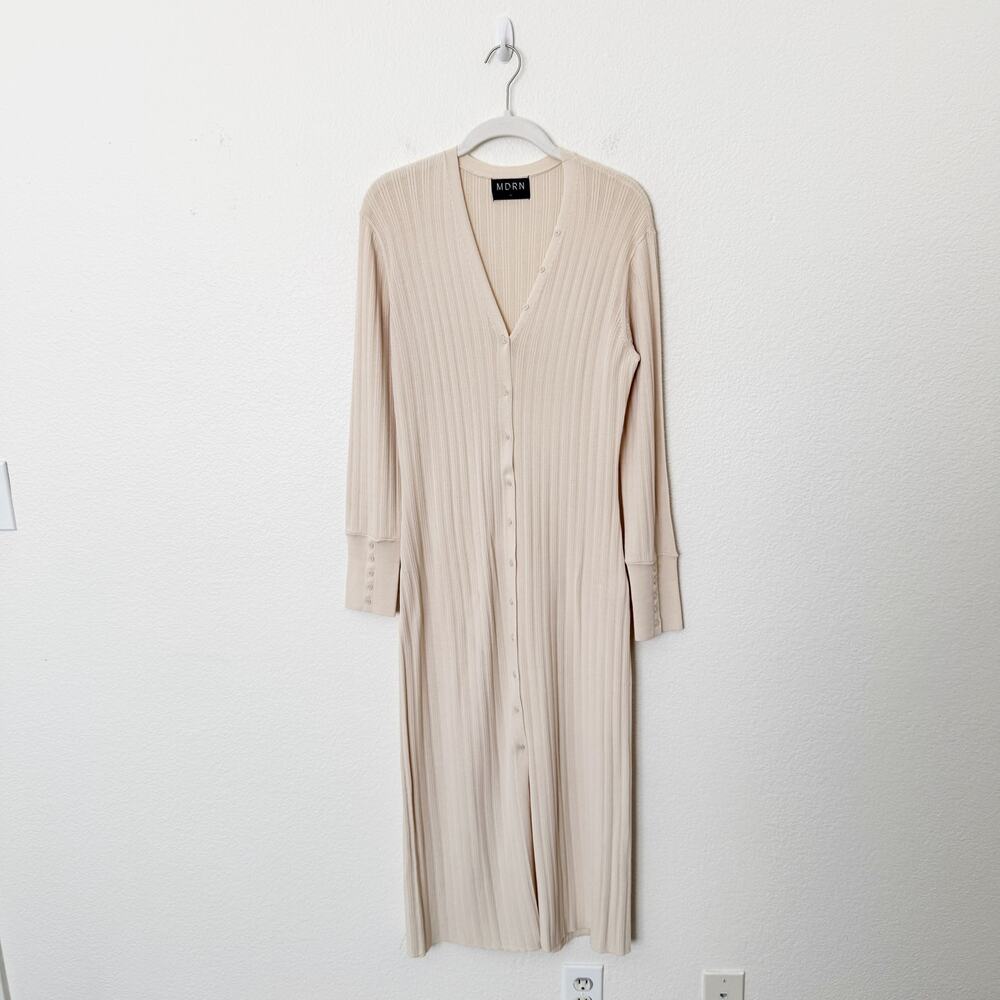 [Modern Citizen] MDRN Beige Ribbed V-Neck Longline Button Cardigan Sweater XL